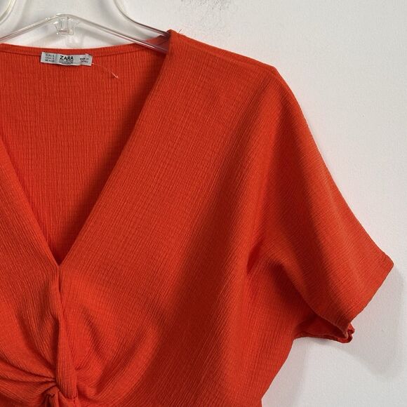Zara Knot Twist Front Top Shirt S Orange Textured Popover Summer Boho Festival - Picture 3 of 11